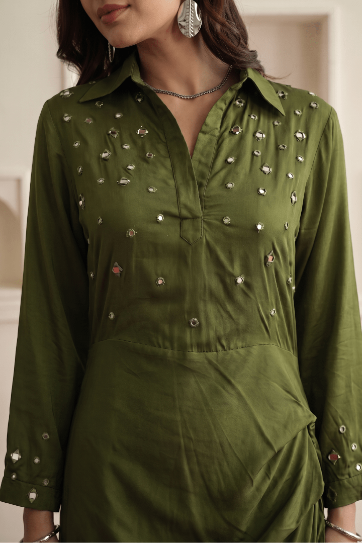 Olive Green Modal Satin Draped Dress with Mirror Embroidery - Western Era Dresses for women