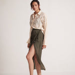Olive Green Draped Skirt with Side Slit and Back Elastic - Western Era Bottoms for women