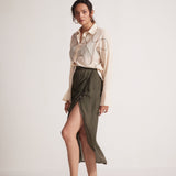 Olive Green Draped Skirt with Side Slit and Back Elastic - Western Era Bottoms for women