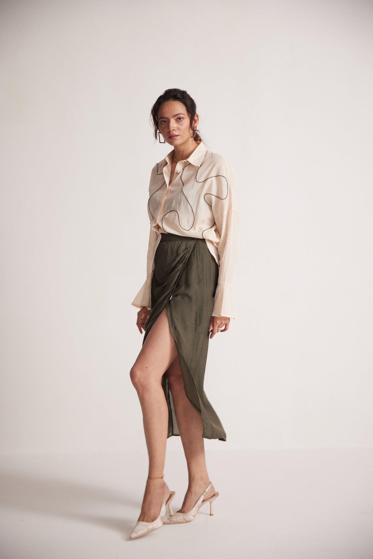 Olive Green Draped Skirt with Side Slit and Back Elastic - Western Era Bottoms for women
