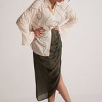 Olive Green Draped Skirt with Side Slit and Back Elastic - Western Era Bottoms for women