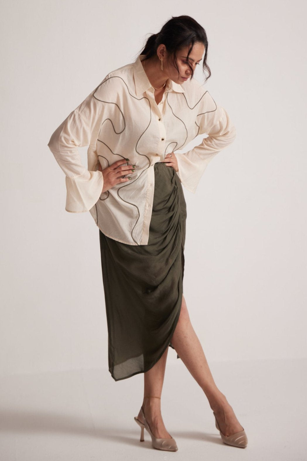 Olive Green Draped Skirt with Side Slit and Back Elastic - Western Era Bottoms for women