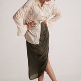 Olive Green Draped Skirt with Side Slit and Back Elastic - Western Era Bottoms for women