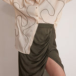 Olive Green Draped Skirt with Side Slit and Back Elastic - Western Era Bottoms for women