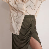 Olive Green Draped Skirt with Side Slit and Back Elastic - Western Era Bottoms for women