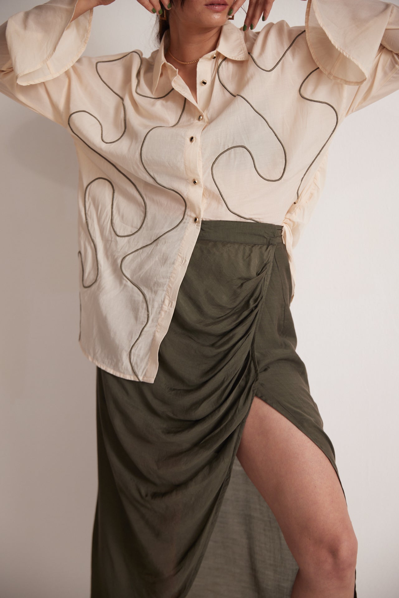 Olive Green Draped Skirt with Side Slit and Back Elastic - Western Era Bottoms for women