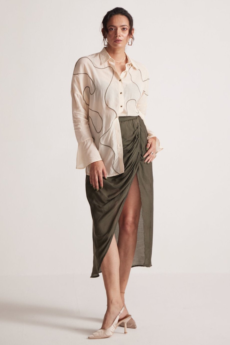 Olive Green Draped Skirt with Side Slit and Back Elastic - Western Era Bottoms for women