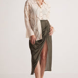Olive Green Draped Skirt with Side Slit and Back Elastic - Western Era Bottoms for women