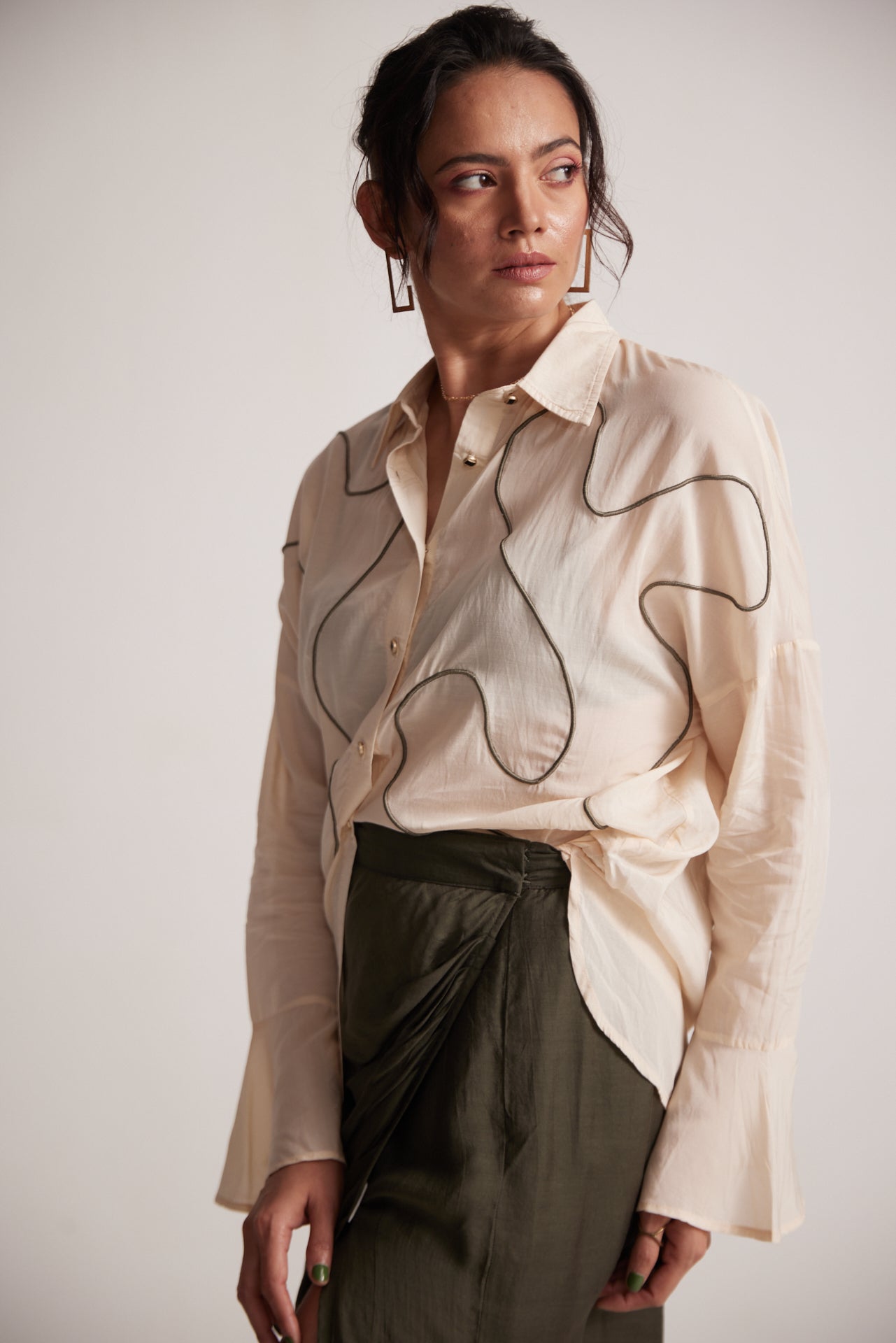 Olive Green Draped Skirt with Side Slit and Back Elastic - Western Era Bottoms for women