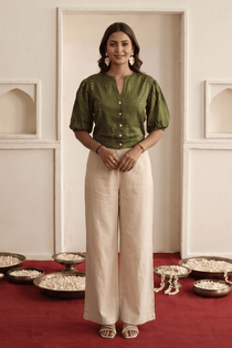 Olive Green Modal Satin Mirror Embroidered Short Top and Off-White Straight-Fit Trouser Co-ord Set - Western Era Co-ord set for women