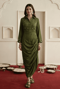 Olive Green Modal Satin Draped Dress with Mirror Embroidery - Western Era Dresses for women
