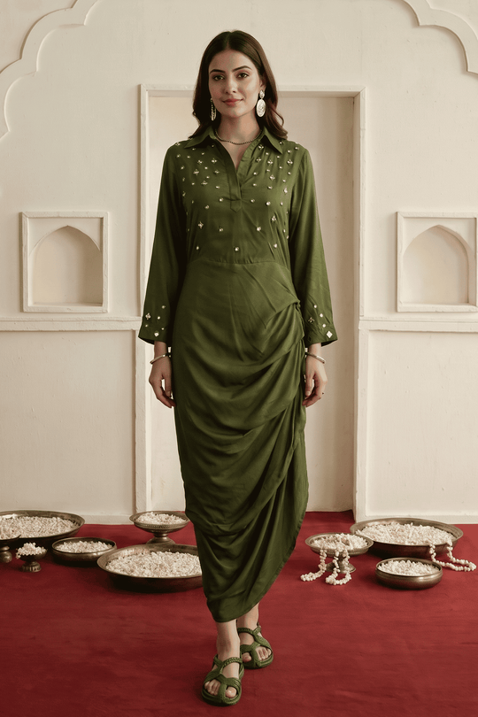 Olive Green Modal Satin Draped Dress with Mirror Embroidery - Western Era Dresses for women