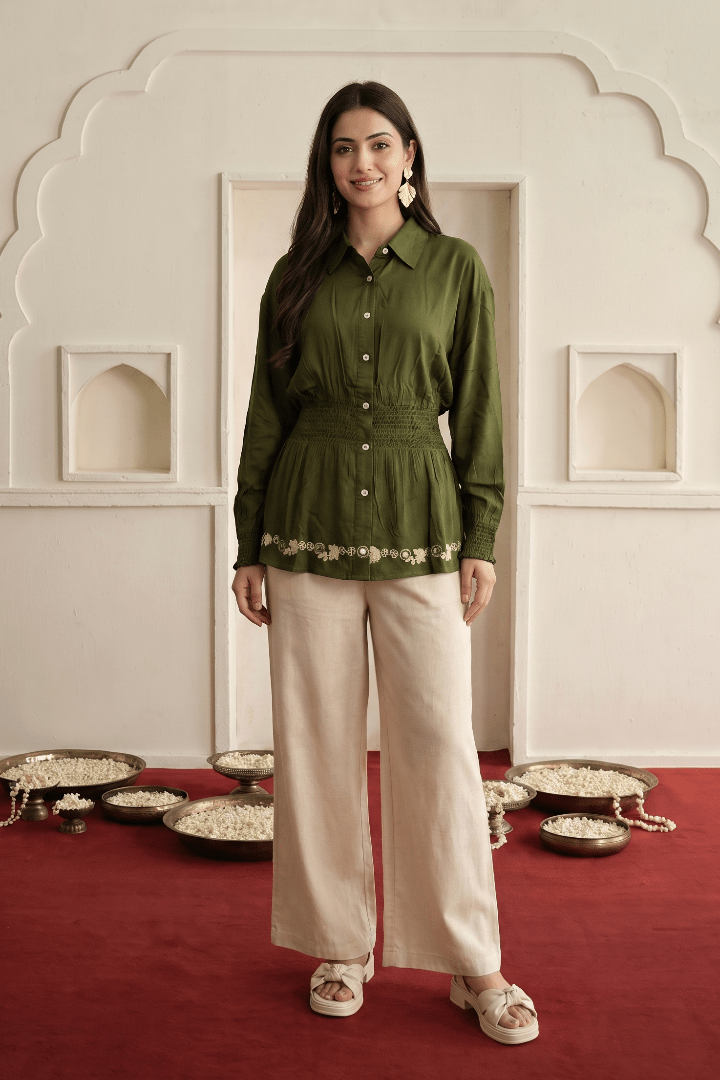 Olive green Traditional Mirror Embroidered Top and Bottom Relax Fit Co-Ord Set - Western Era Co-ord set for women