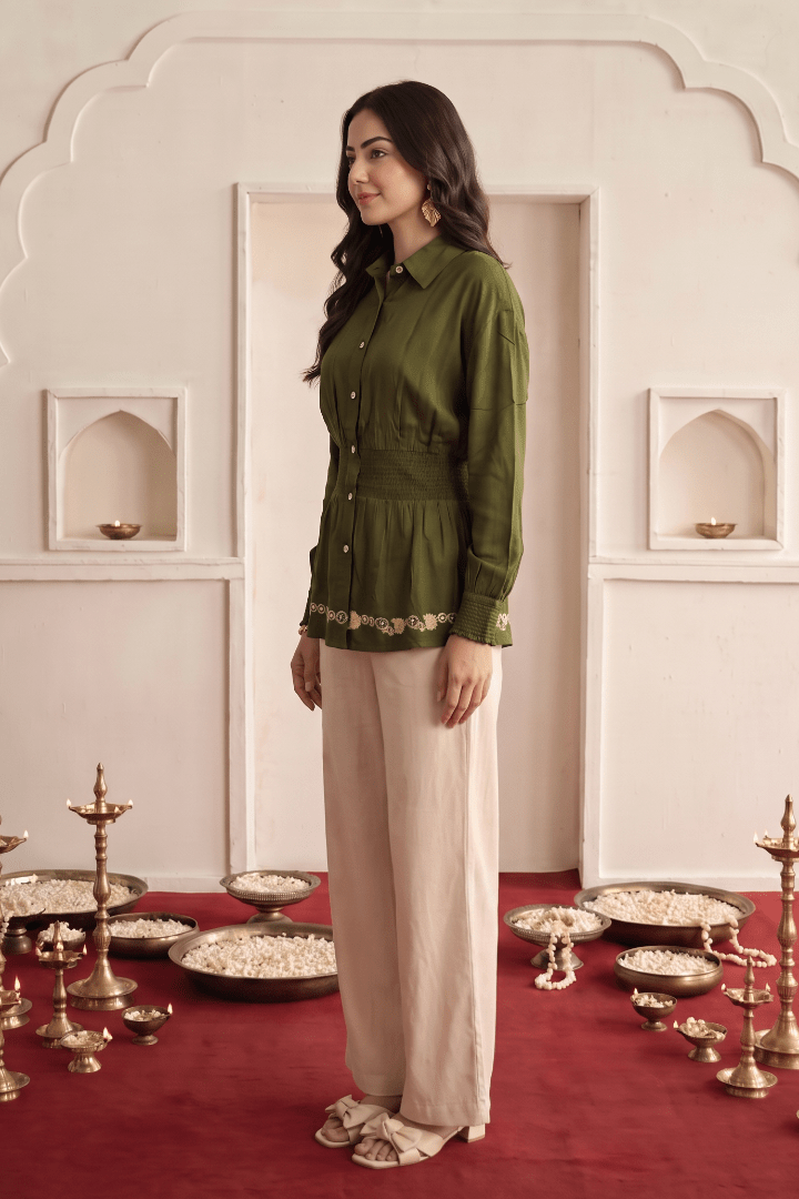 Olive green Traditional Mirror Embroidered Top and Bottom Relax Fit Co-Ord Set - Western Era Co-ord set for women