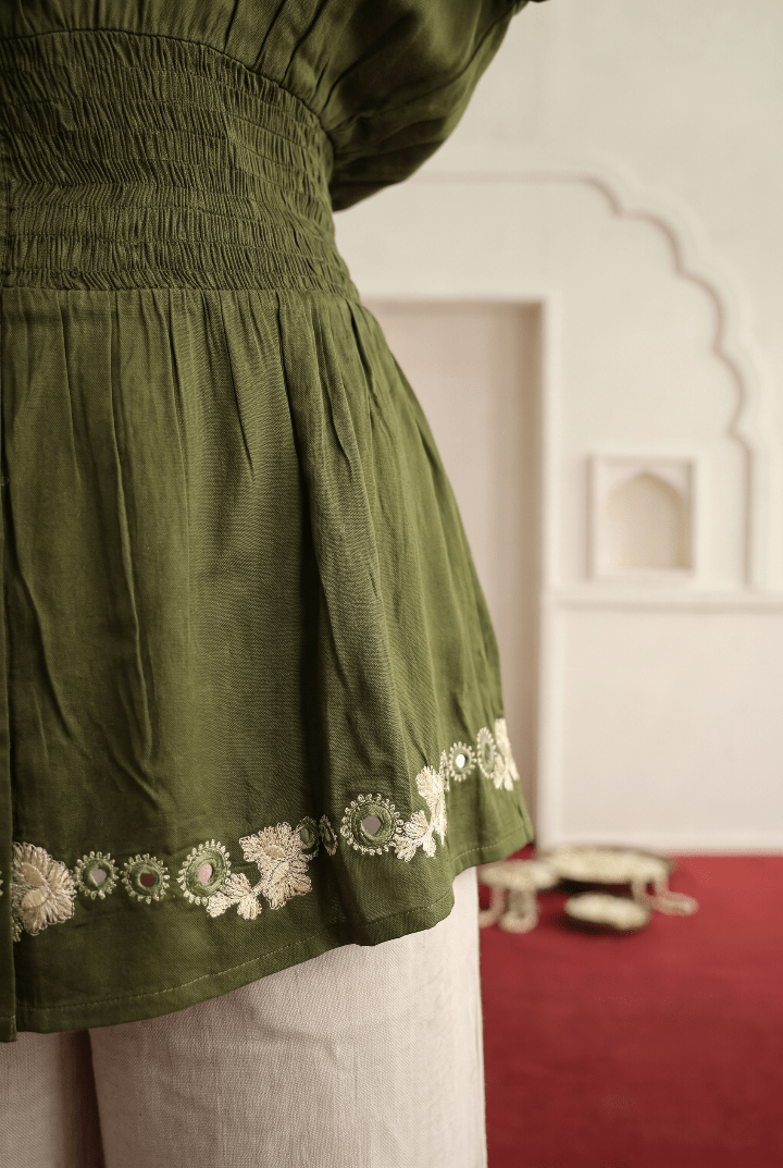 Olive Green Mirror Embroidered Smocked Shirt and Beige Relaxed-Fit Trouser Co-ord Set - Western Era Co-ord set for women
