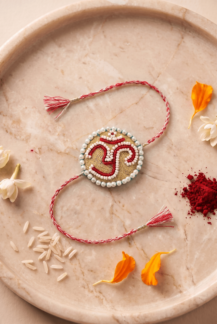 Om Motif Embellished with Red, White, and Golden Beadwork Rakhi - Western Era Rakhi for women