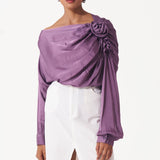 One Shoulder Asymmetrical Top with 3D Fabric Flower - Western Era Tops for women