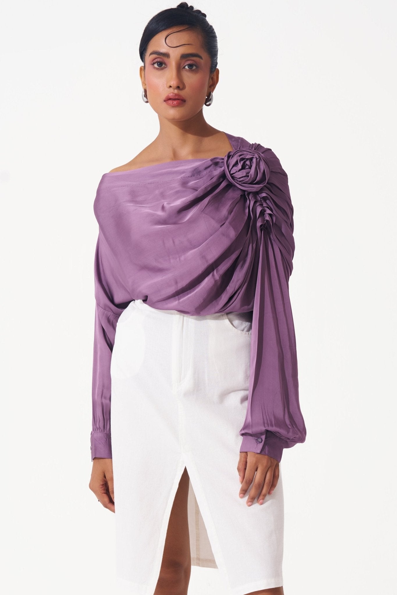 One Shoulder Asymmetrical Top with 3D Fabric Flower - Western Era Tops for women