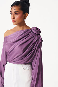 One Shoulder Asymmetrical Top with 3D Fabric Flower