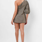 One Shoulder Green Linen dress With Front Knotting - Western Era Tops for women