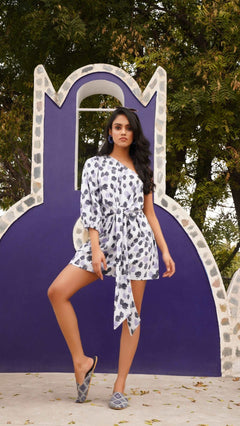 One Shoulder Linen Print Dress With Knot