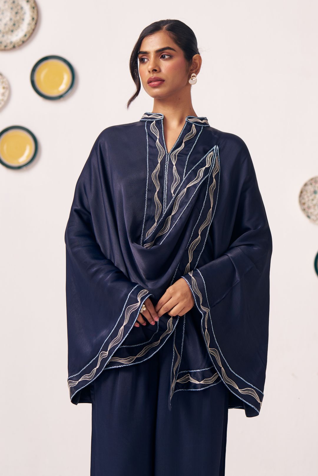 Ora Navy Blue Draped Cape Top - Western Era Tops for women