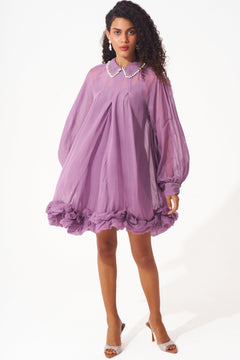 Organza Swing Dress with Embellished Collar and Balloon Hem