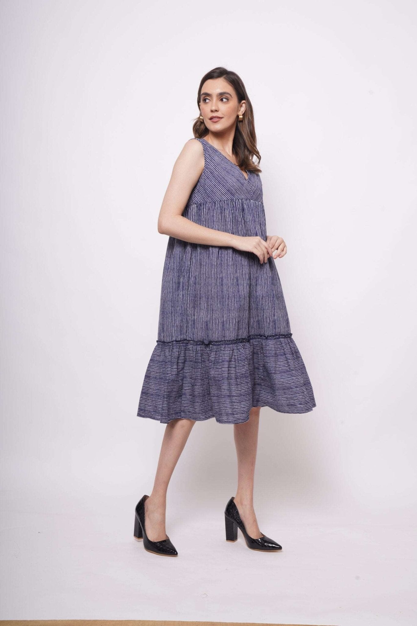 Oversized Blue White Pinstripe Long Dress - Western Era Dresses for women