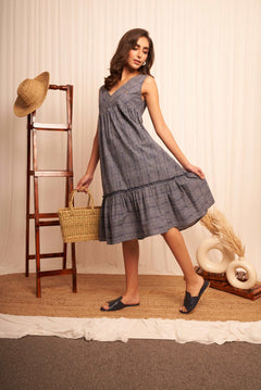 Oversized Blue White Pinstripe Long Dress - Western Era Dresses for women