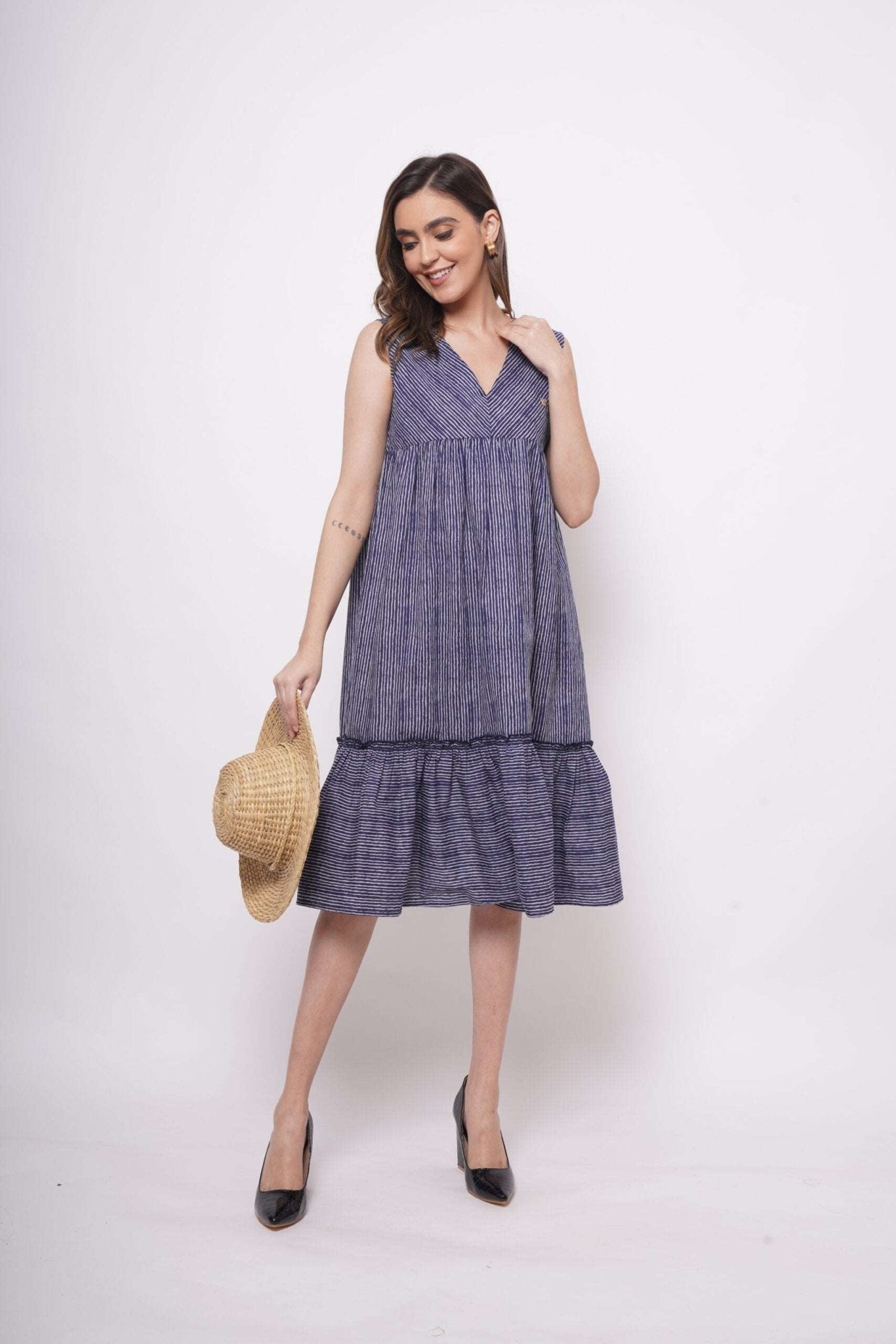 Oversized Blue White Pinstripe Long Dress - Western Era Dresses for women