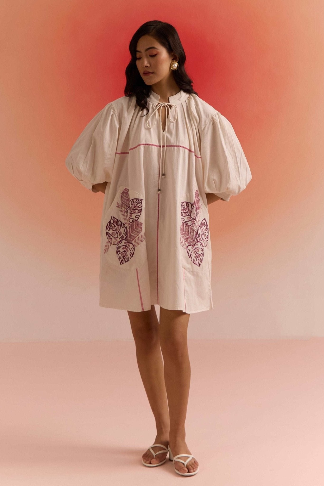 Oversized Off White Dress With Cut Work Embroidered Pocket - Western Era Dresses for women