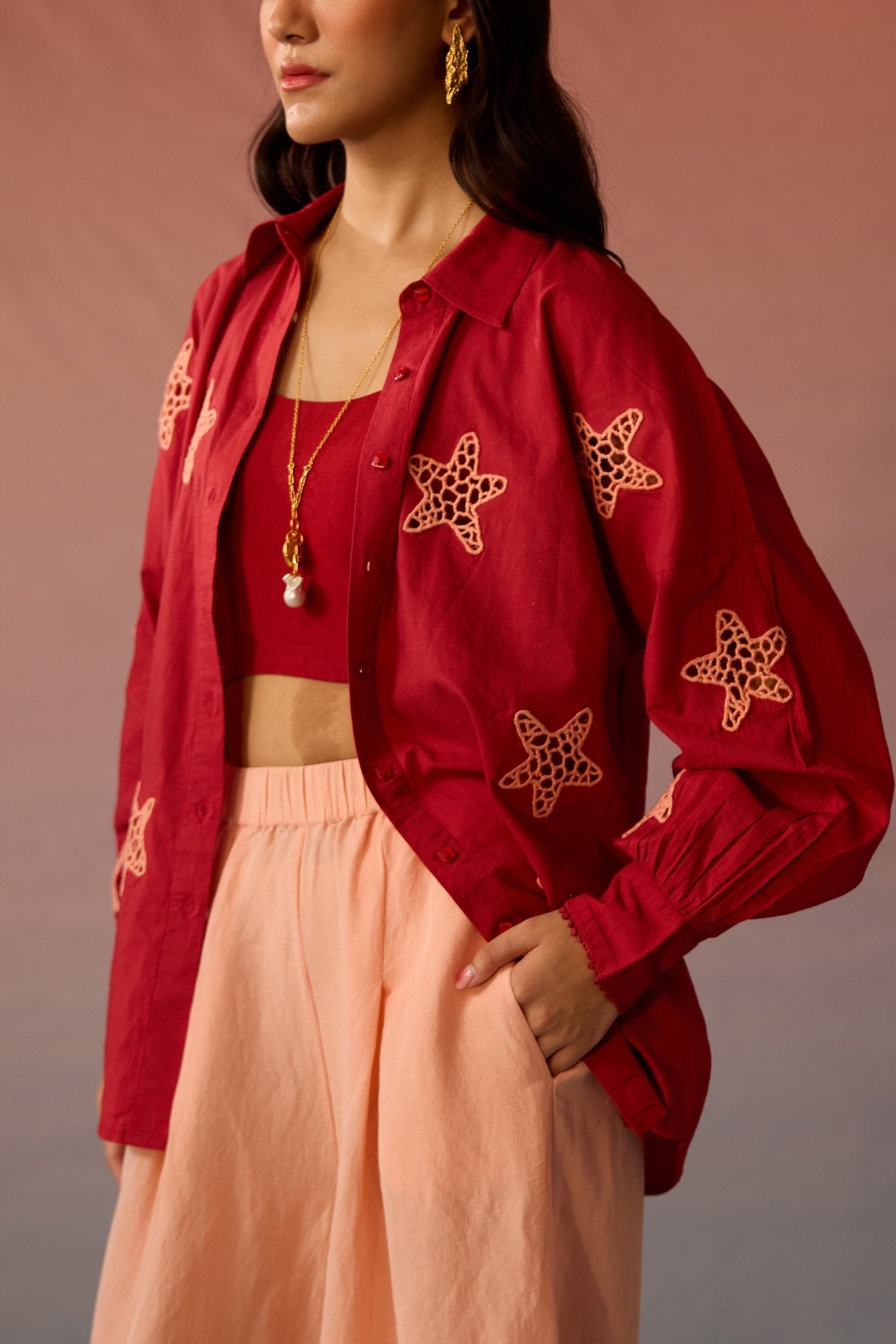 Oversized Shirt with Star Applique - Western Era Tops for women