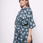 Oversized Teal Printed Linen Dress With Drawstrings - Western Era Dresses for women