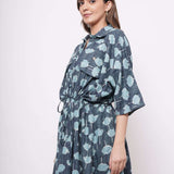 Oversized Teal Printed Linen Dress With Drawstrings - Western Era Dresses for women