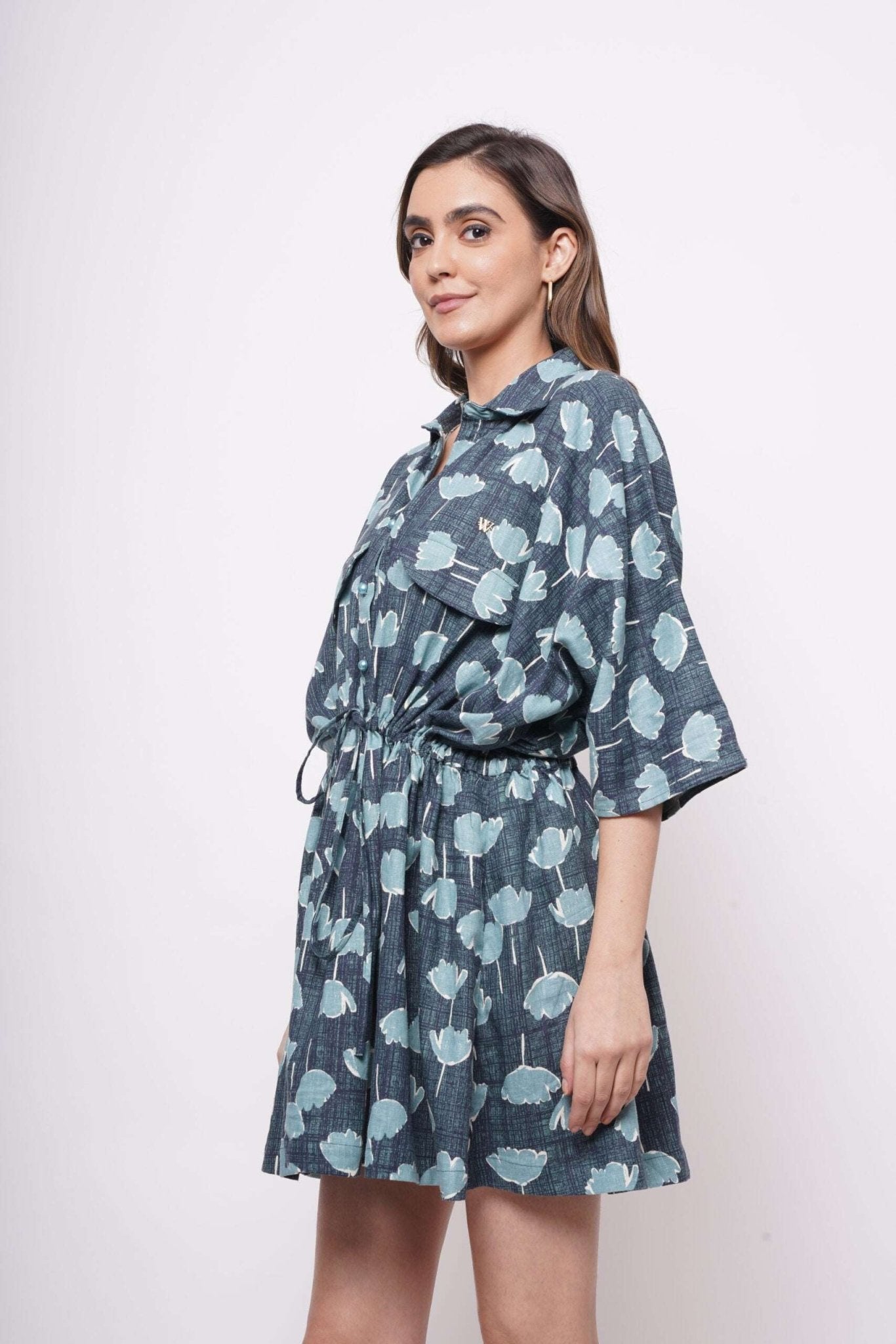 Oversized Teal Printed Linen Dress With Drawstrings - Western Era Dresses for women