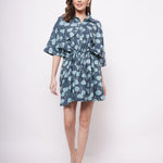 Oversized Teal Printed Linen Dress With Drawstrings - Western Era Dresses for women