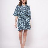 Oversized Teal Printed Linen Dress With Drawstrings - Western Era Dresses for women