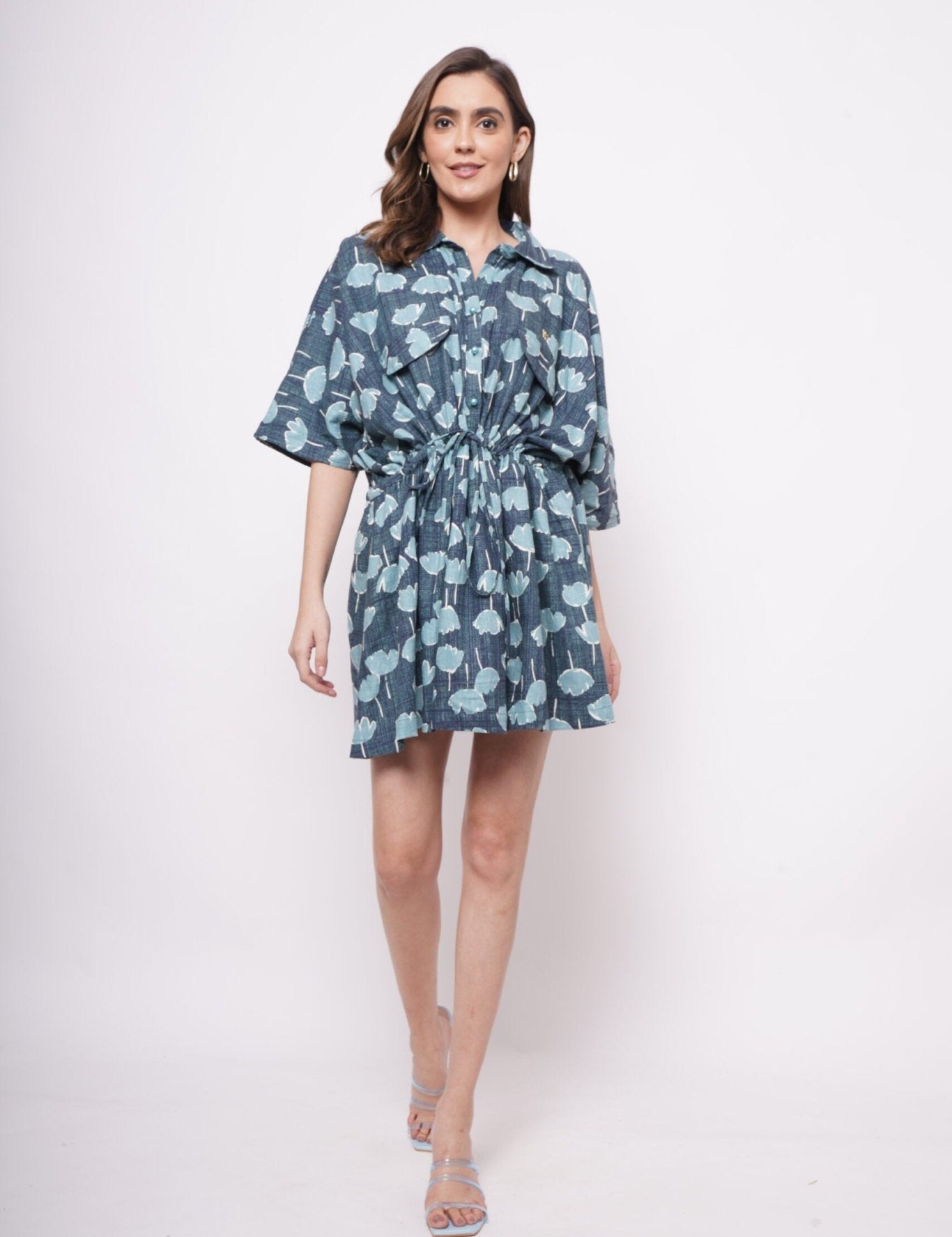 Oversized Teal Printed Linen Dress With Drawstrings - Western Era Dresses for women