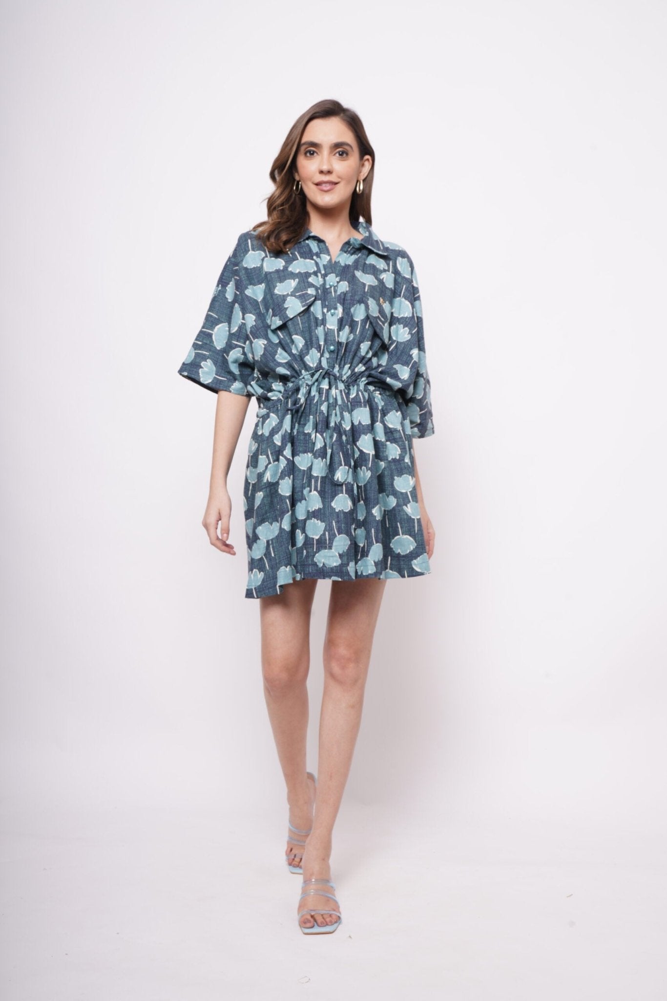 Oversized Teal Printed Linen Dress With Drawstrings - Western Era Dresses for women