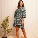 Oversized Teal Printed Linen Dress With Drawstrings - Western Era Dresses for women