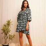 Oversized Teal Printed Linen Dress With Drawstrings - Western Era Dresses for women