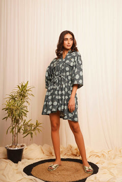 Oversized Teal Printed Linen Dress With Drawstrings - Western Era Dresses for women