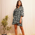 Oversized Teal Printed Linen Dress With Drawstrings - Western Era Dresses for women