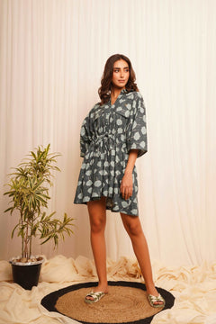 Oversized Teal Printed Linen Dress With Drawstrings
