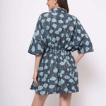 Oversized Teal Printed Linen Dress With Drawstrings - Western Era Dresses for women