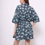Oversized Teal Printed Linen Dress With Drawstrings - Western Era Dresses for women