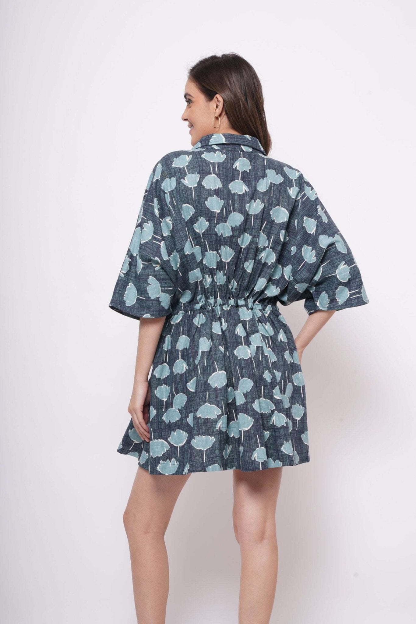 Oversized Teal Printed Linen Dress With Drawstrings - Western Era Dresses for women