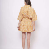 Oversized Yellow Toile Print Cotton Dress With Drawstrings - Western Era Dresses for women