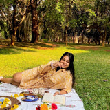 Oversized Yellow Toile Print Cotton Dress With Drawstrings - Western Era Dresses for women