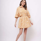 Oversized Yellow Toile Print Cotton Dress With Drawstrings - Western Era Dresses for women